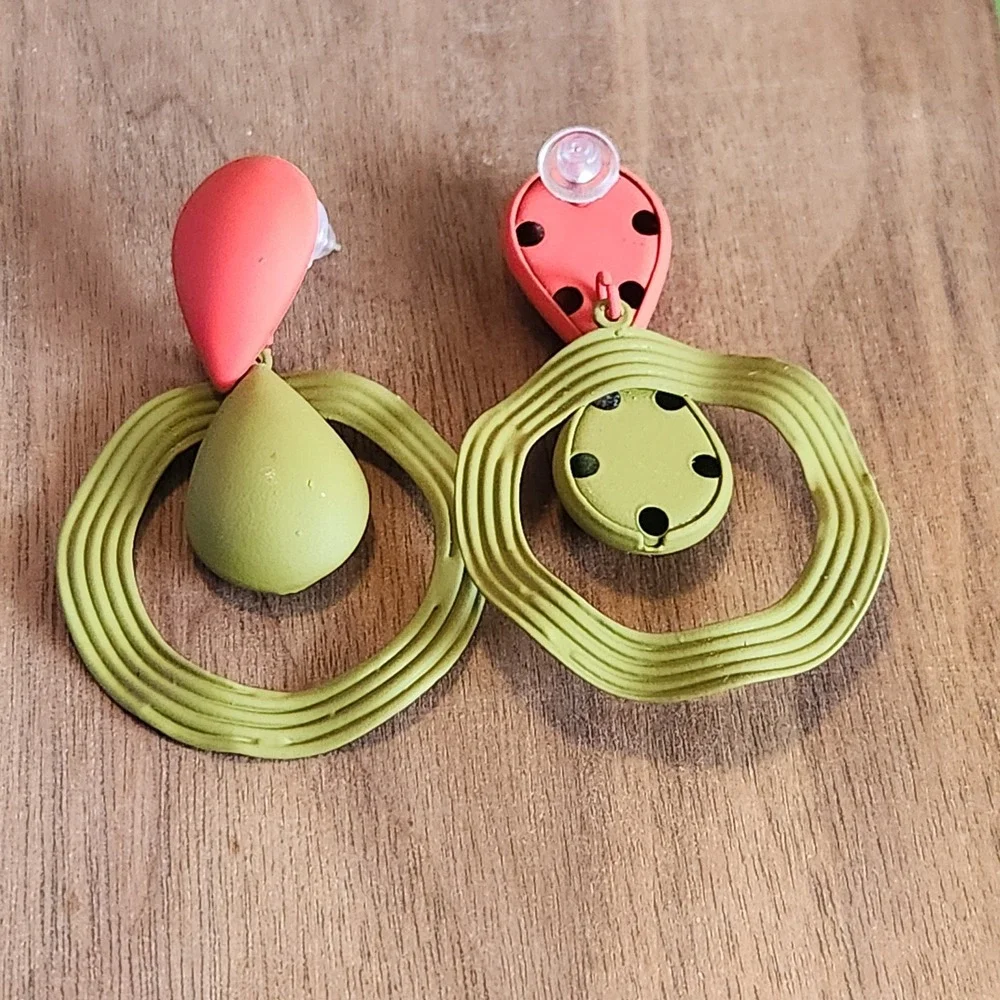 Matte Red and Olive Green Geometric Teardrop Hoop Drop Statement Earrings